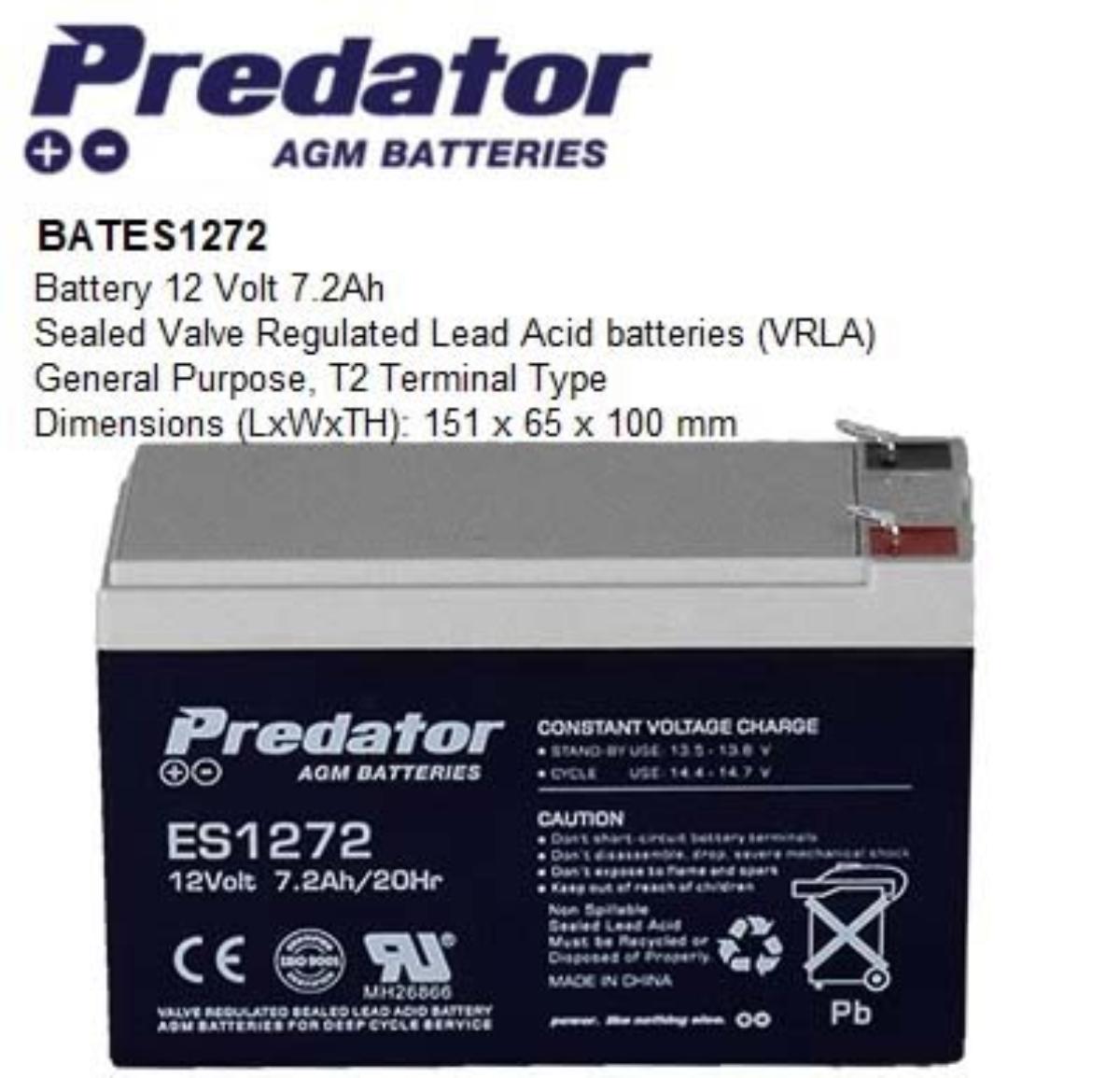 BATTERY 12V 7.2 A/H PREDATOR AGM