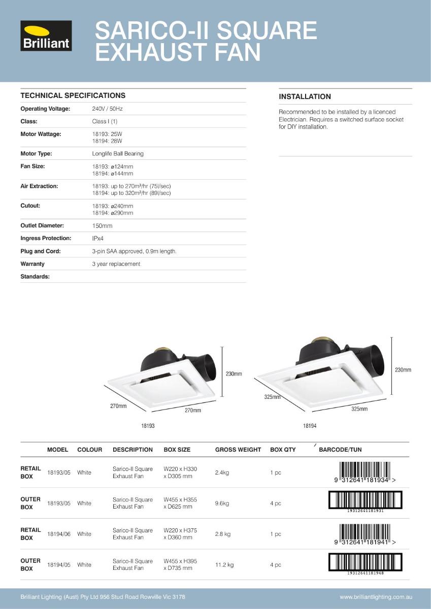 EXHAUST FAN SARICO 11 270MM SQUARE WHITE