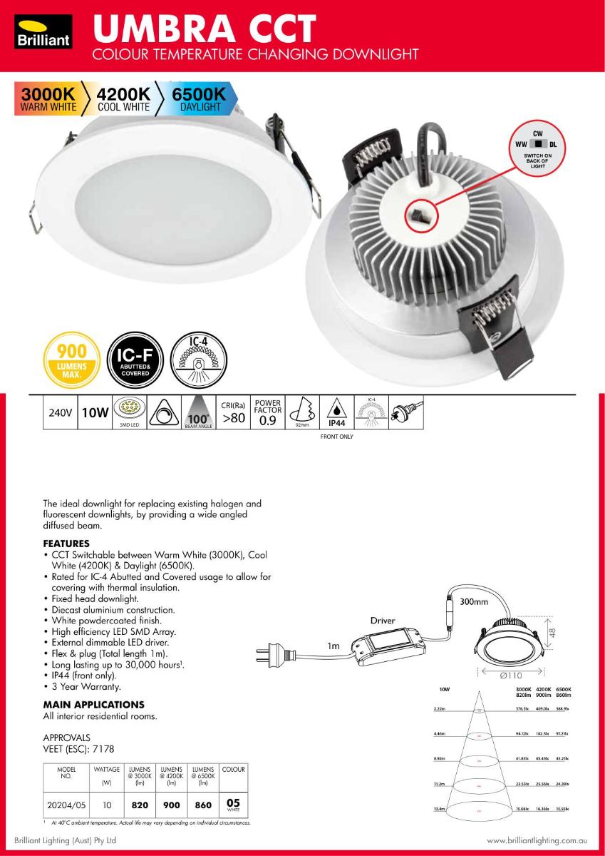 LED D/LIGHT UMBRA 10W CCT 92MM C/O WHT
