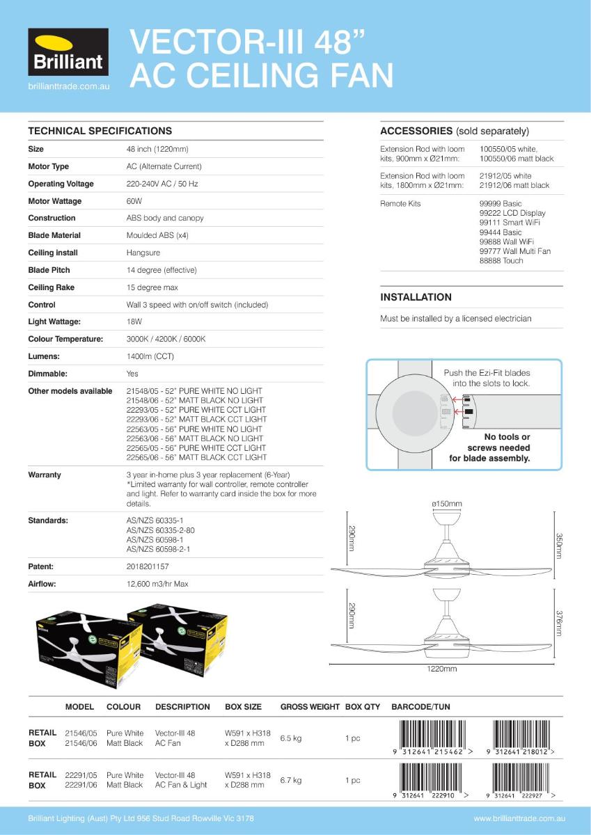 C/FAN VECTOR II 48IN 1220MM 4BL AC BLACK