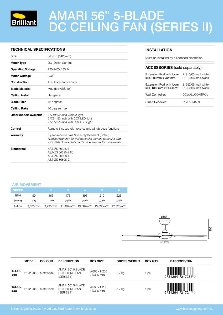 C/FAN AMARI 56IN 1420MM 5BL DC WHITE