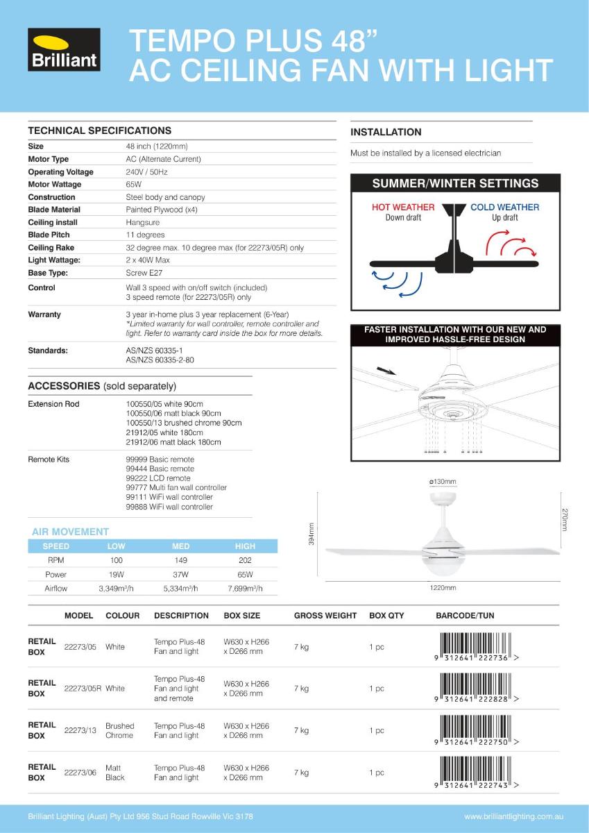 C/FAN TEMPO + 48IN 1220MM 4BL AC+LGT REM