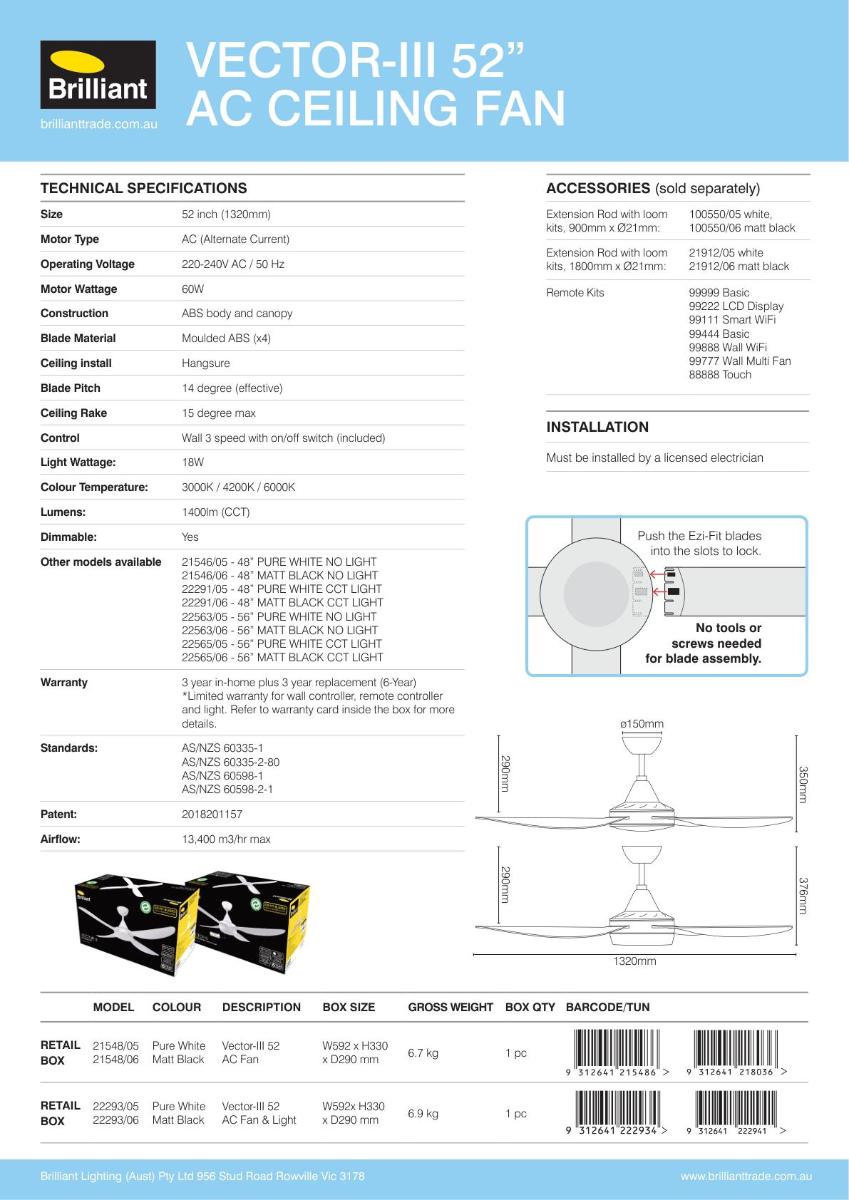 C/FAN VECTOR III 52IN 1320MM 4BL AC + LE