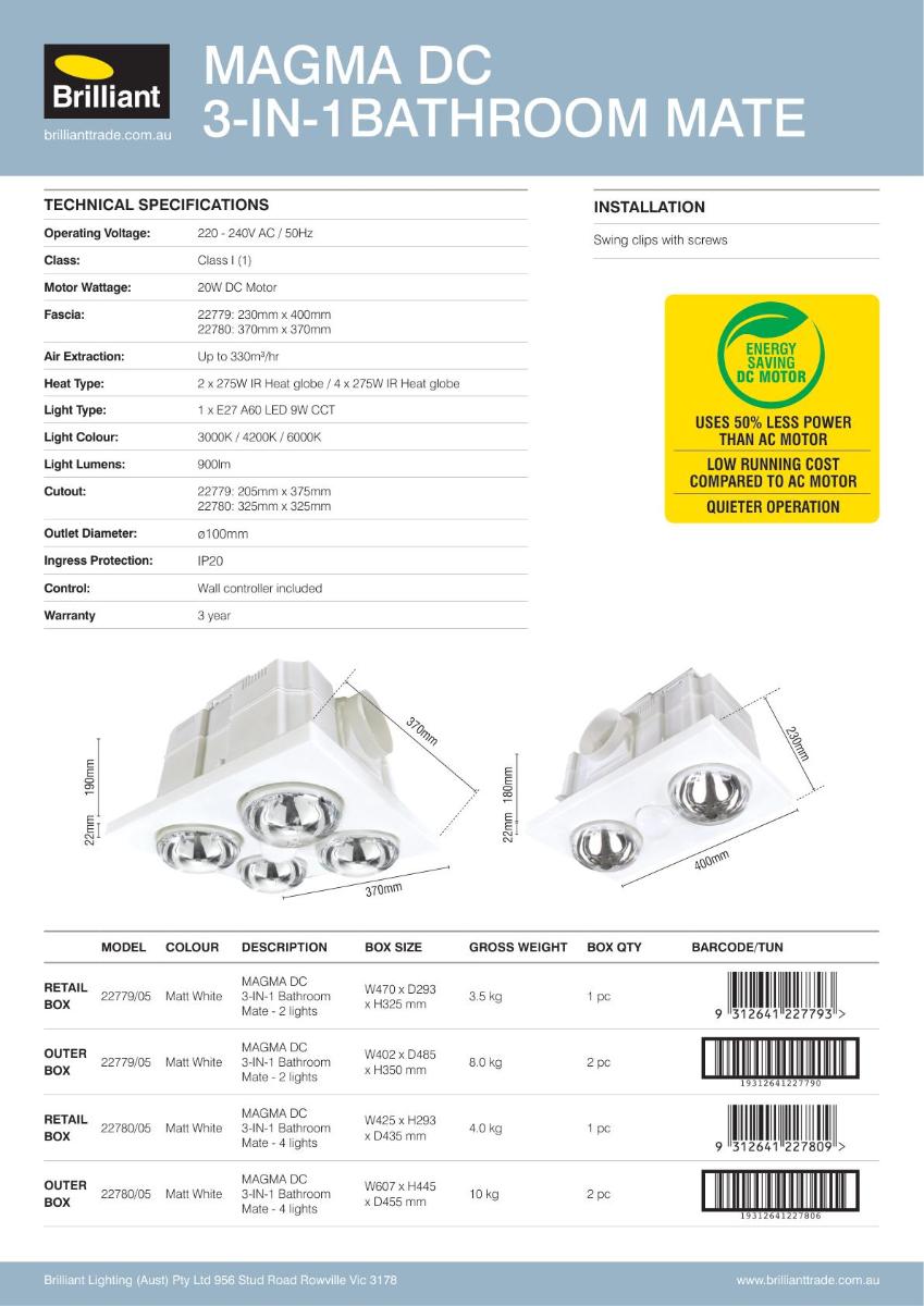 BATHROOM HEATER MAGMA DC 4LT 3IN1 WHITE