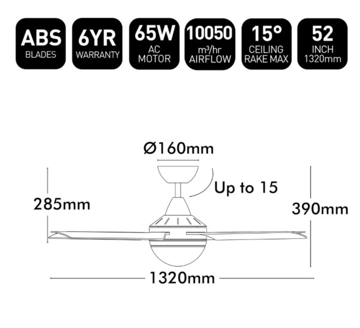 C/FAN CAIRNS 52IN 1320MM 4BL AC + LGT WH