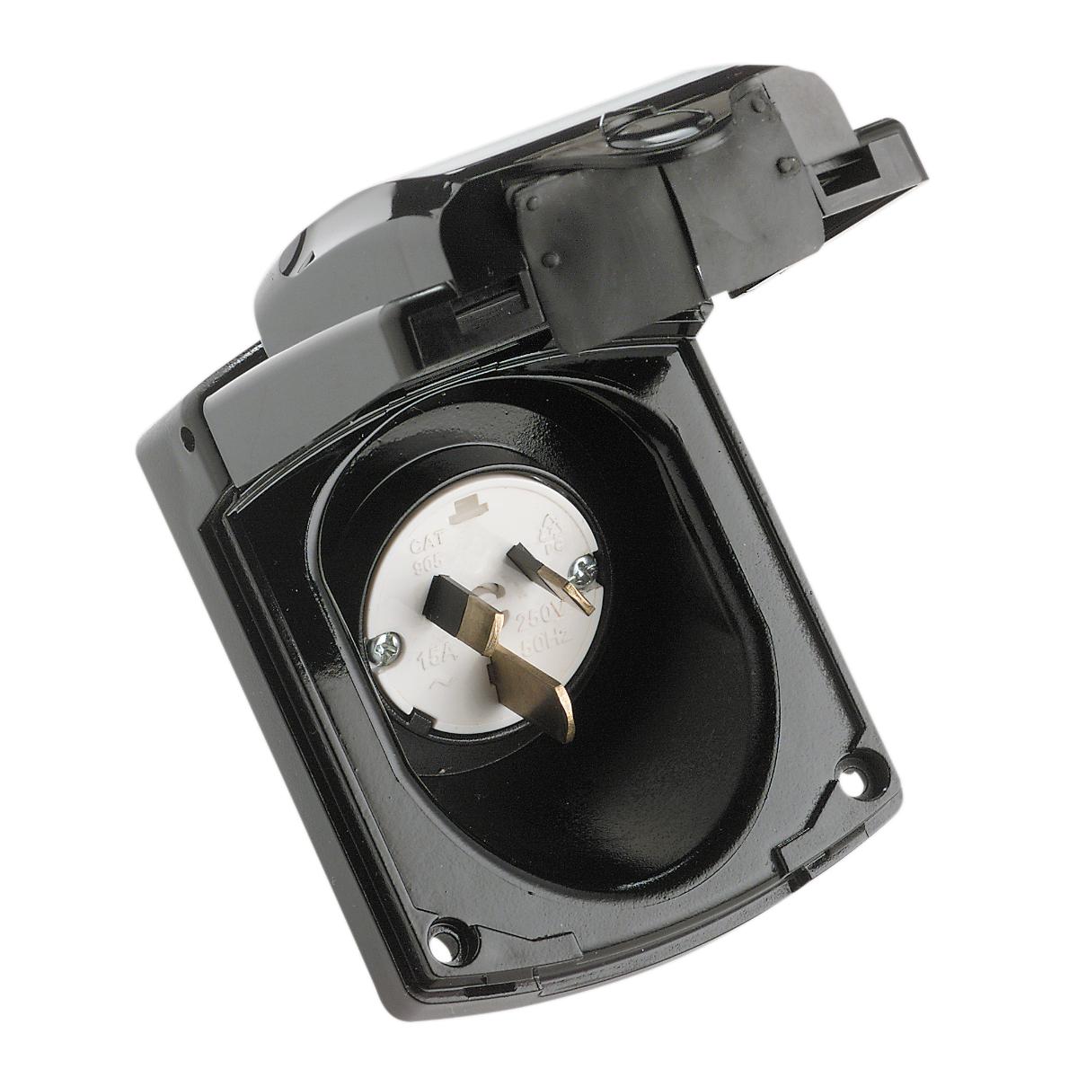 CARAVAN INLET SOCKET 3PIN 250V 15A BLACK