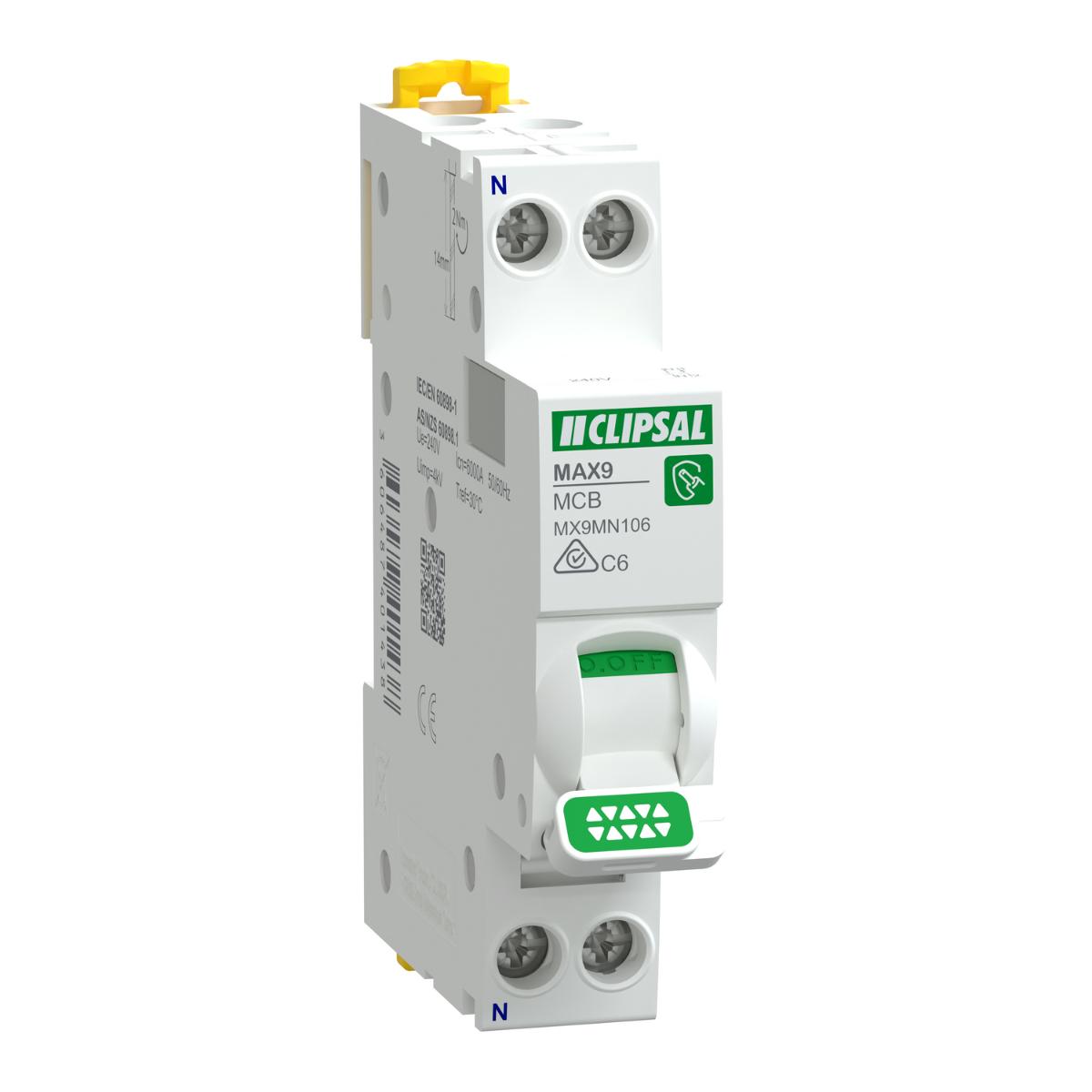 MCB MAX9 1P+N 6A 6KA C CURVE 1MODULE