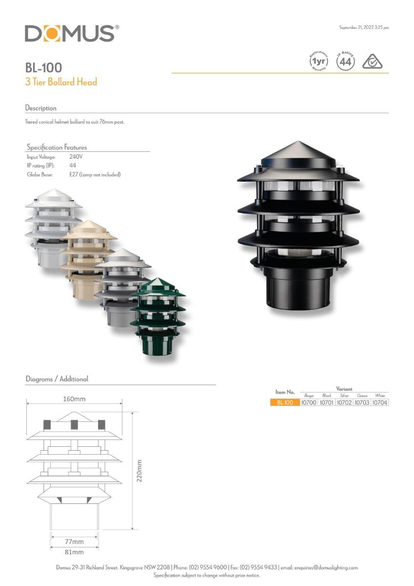 BOLLARD HEAD BL-100 3-TIER ES E27 BLACK