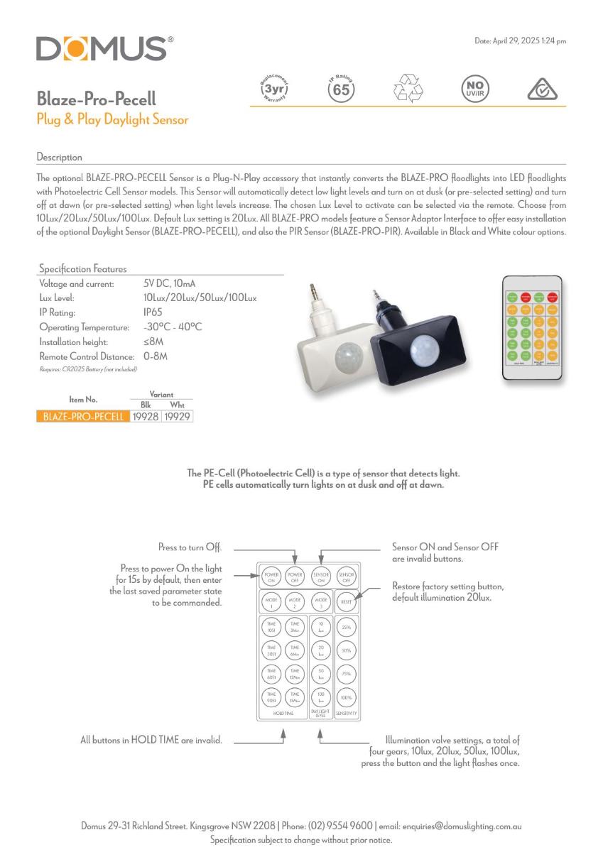 BLAZE-PRO PE CELL PLUG PLAY SENSOR BLACK
