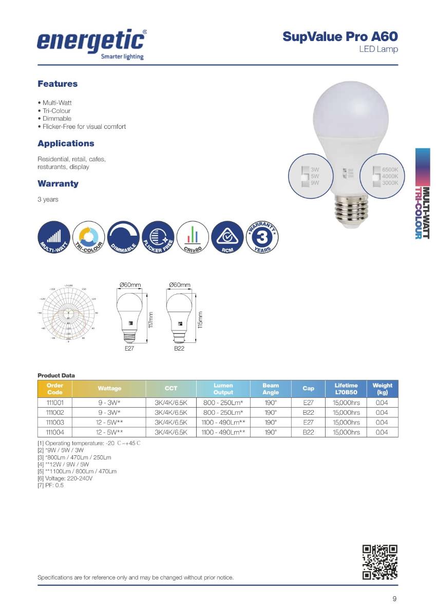 SUPVALUE PRO LED LMP A60 12W BC TRI DIM