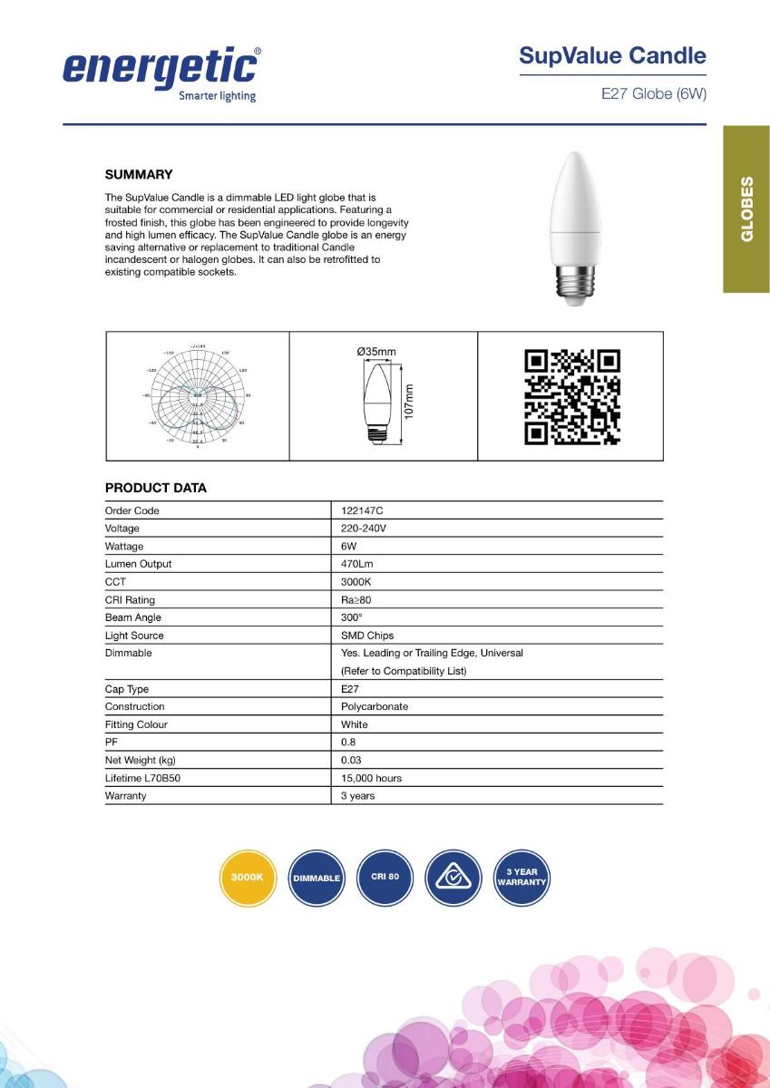 LED CANDLE LAMP 6W 3000K ES E27 DIMM