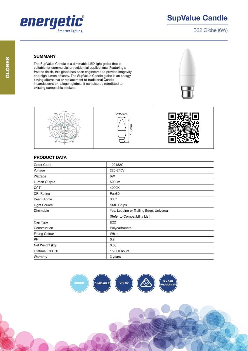 LED CANDLE LAMP 6W 4000K BC B22 DIMM
