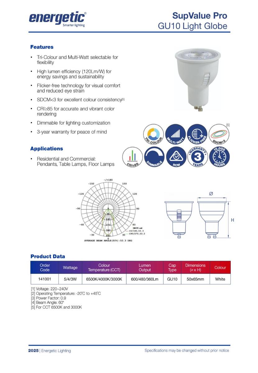 GU10 LED 240V 6W TRI COL DIMM