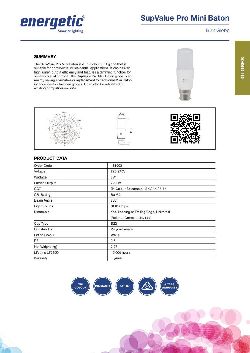 LED TUBULAR LAMP 8W BC B22 TRI COL DIMM