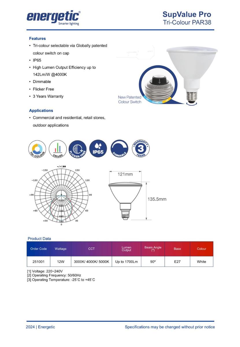 PAR38 TRI COLOUR E27 DIMMABLE IP65