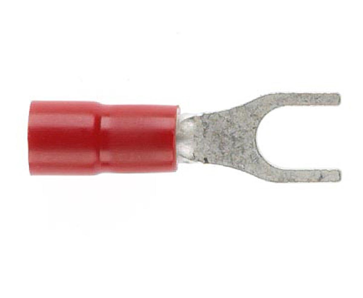 INSULAT FORK LUG D/G RED 4MM STUD 100PK