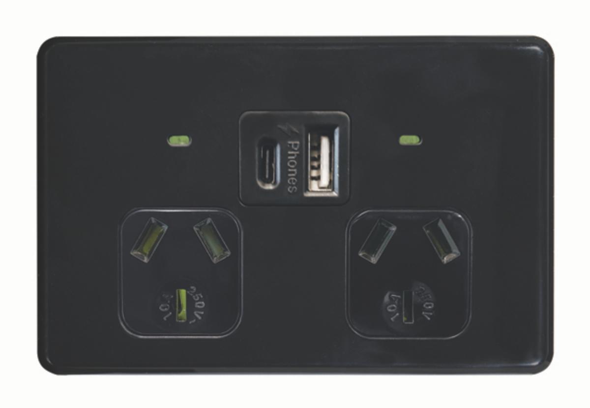 FLAT CAT AUTO DBL GPO + USB 10A HOR BLK