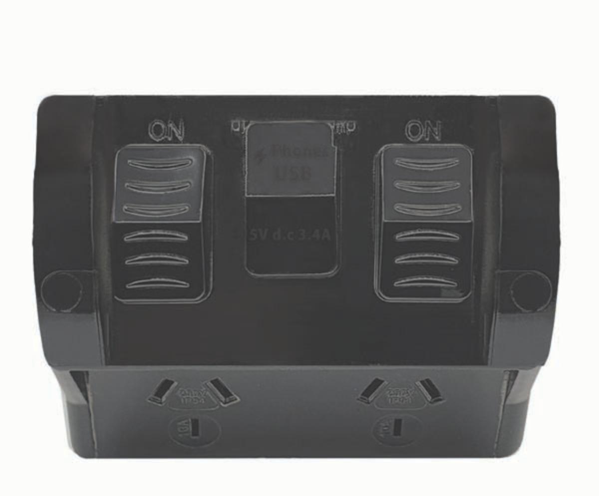 HIPPO DBL W/P GPO + USB AC IP54 10A BLK