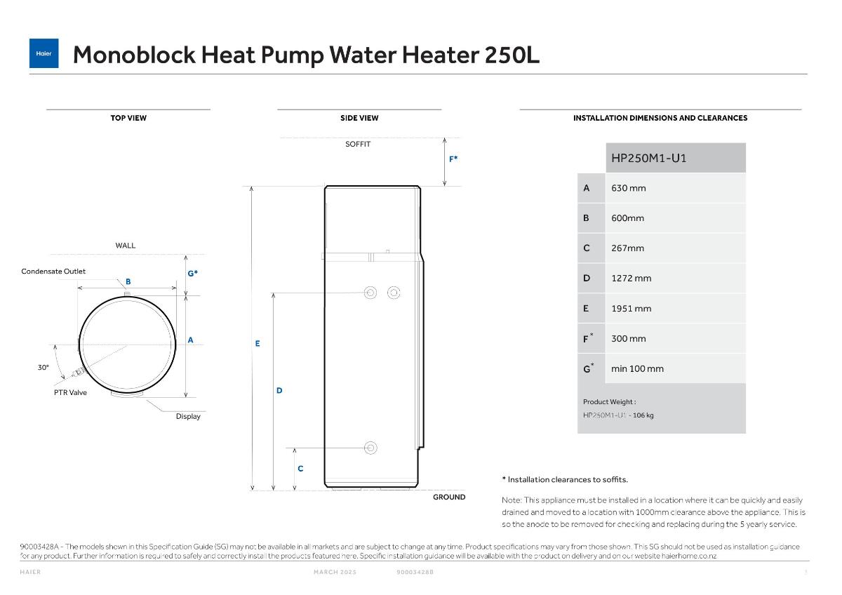 HAIER HWU HEAT PUMP MONOBLOCK 250LT R290