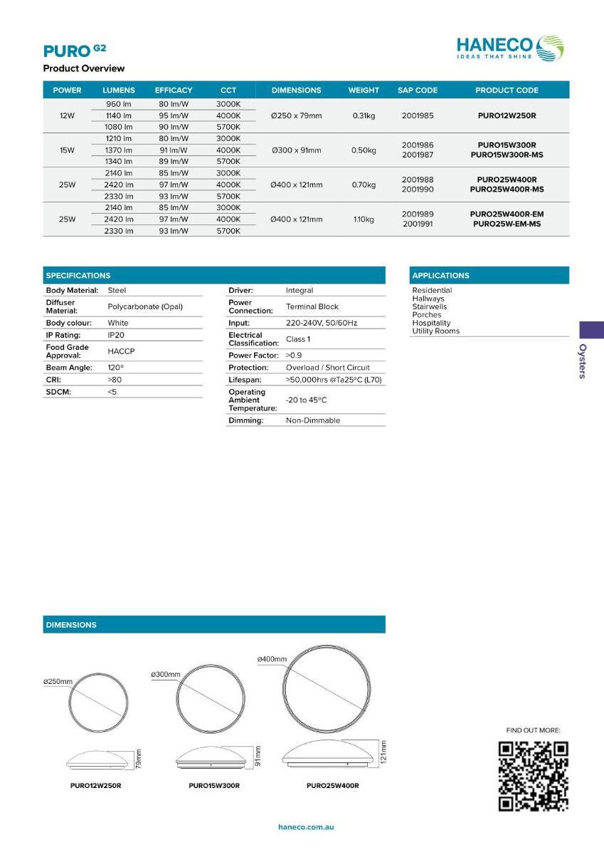 LED OYSTER PURO GEN2 12W CCT 250MM O/D