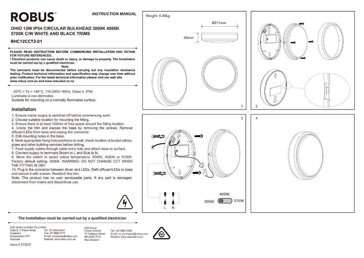 LED BULKHEAD CIRC OHIO 12W CCT 211MM O/D
