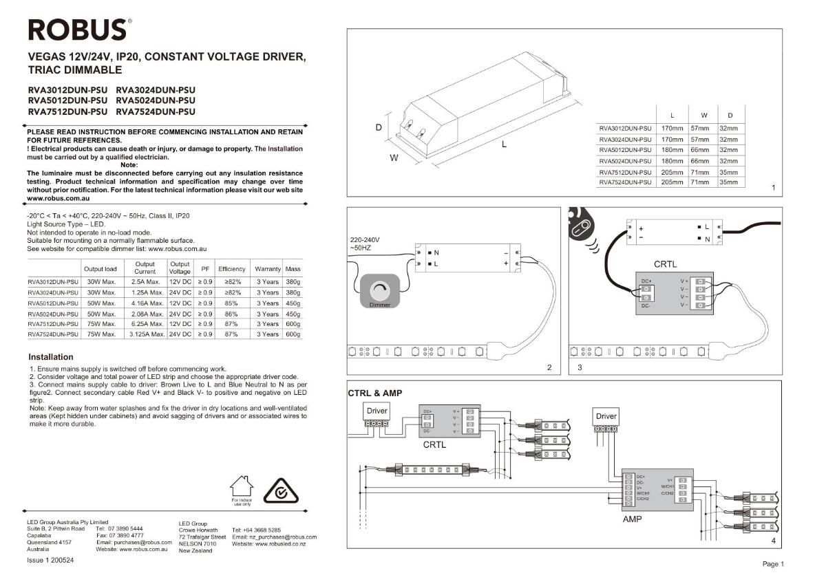 LED STRIP DRVER VEGAS 24V 30W TRIAC IP67