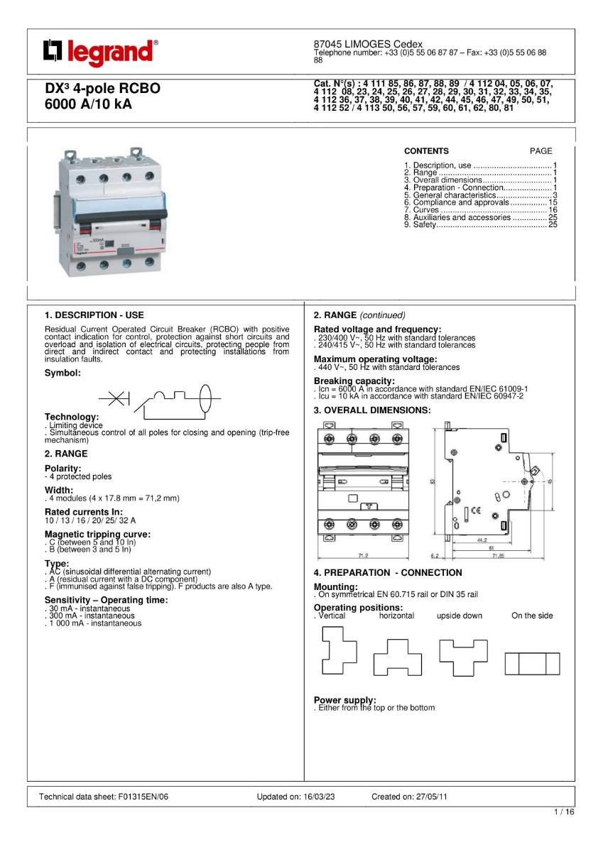 RCBO  DX3 4P 20A 30MA 6KA CL A 4 MODULE