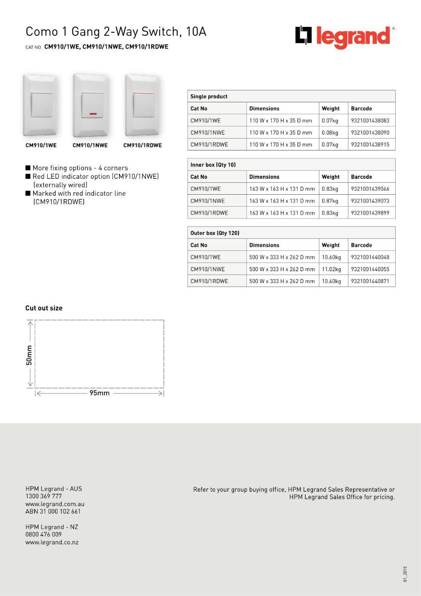 COMO 10A 1 GANG VERTICAL SWITCH TYPE C W