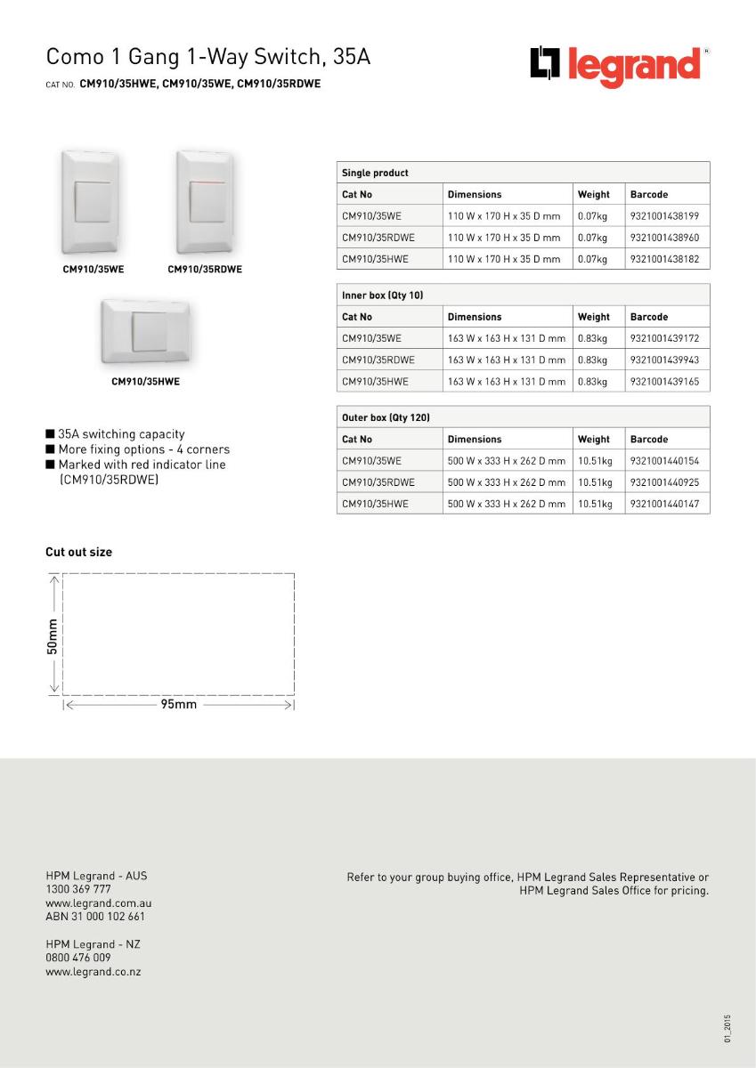 COMO 35A 1 GANG VERTICAL ISOLATOR SWITCH