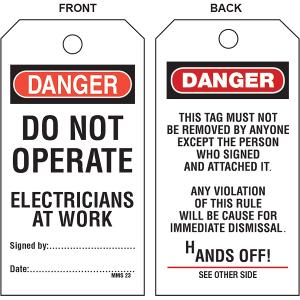 LOCK OUT TAG "DO NOT OPERATE ELECTRIC"