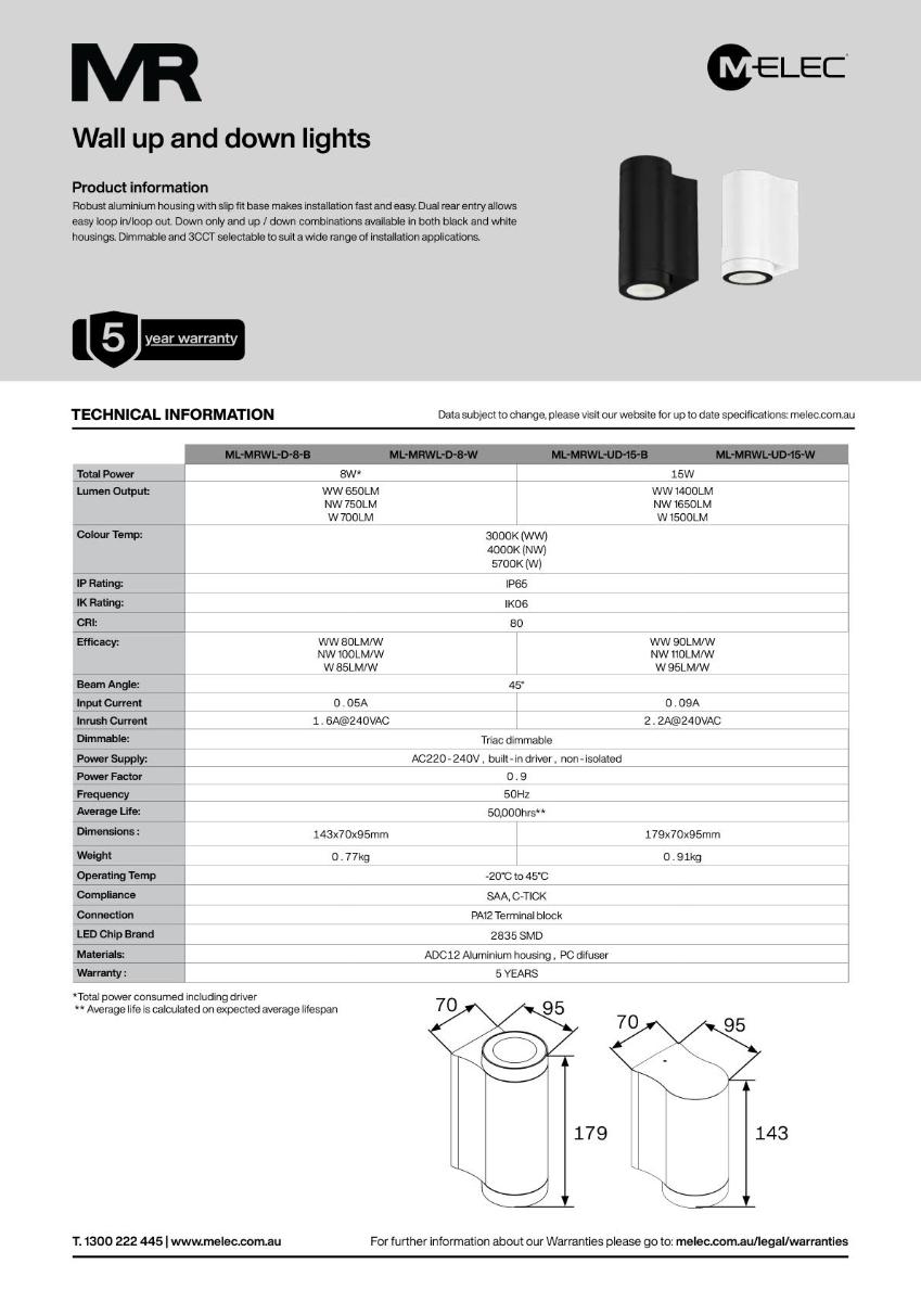 15W W/LIGHT UP/DOWN 3CCT IP65 BLACK PA12