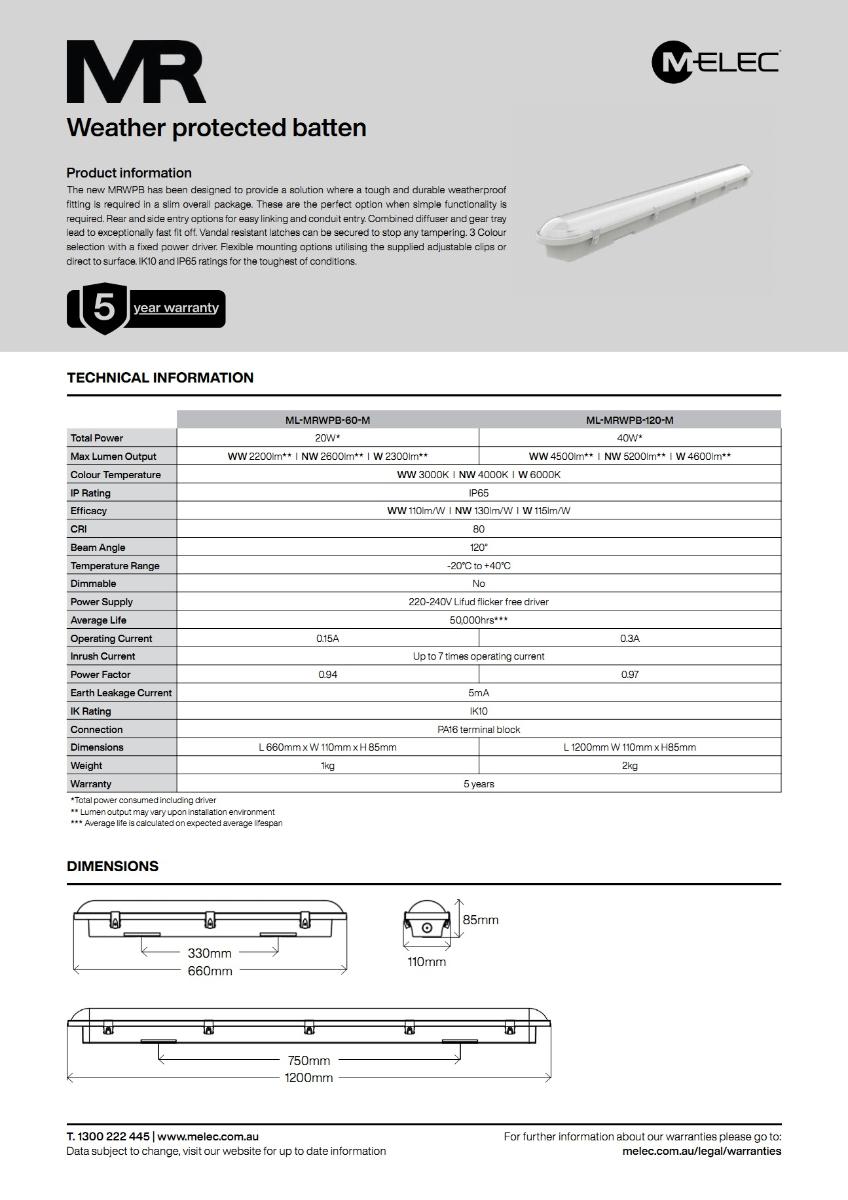 LED W/P BATTEN MR 40W CCT 1200MM