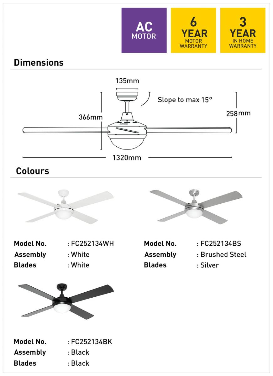 C/FAN CAPRICE 52" 1320MM 4BL AC + LGT WH