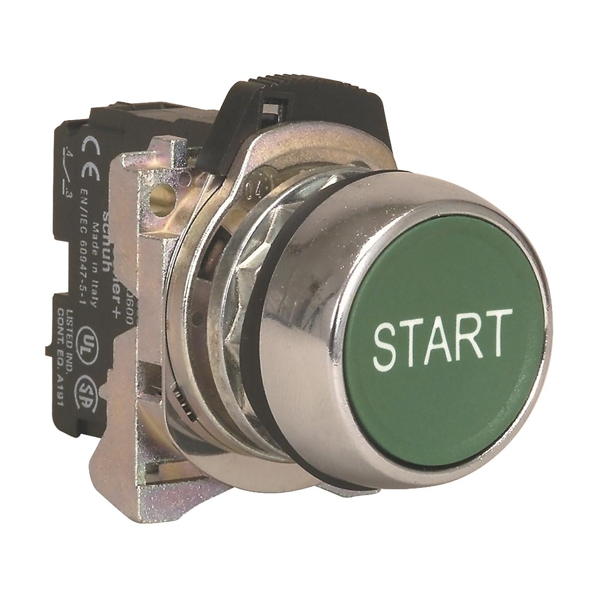 P/BUTTON 22.5MM MTL FLUSH GRN START 1NO