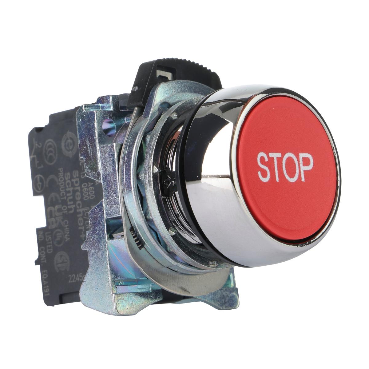 P/BUTTON 22.5MM METAL FLUSH STOP 1NC RED