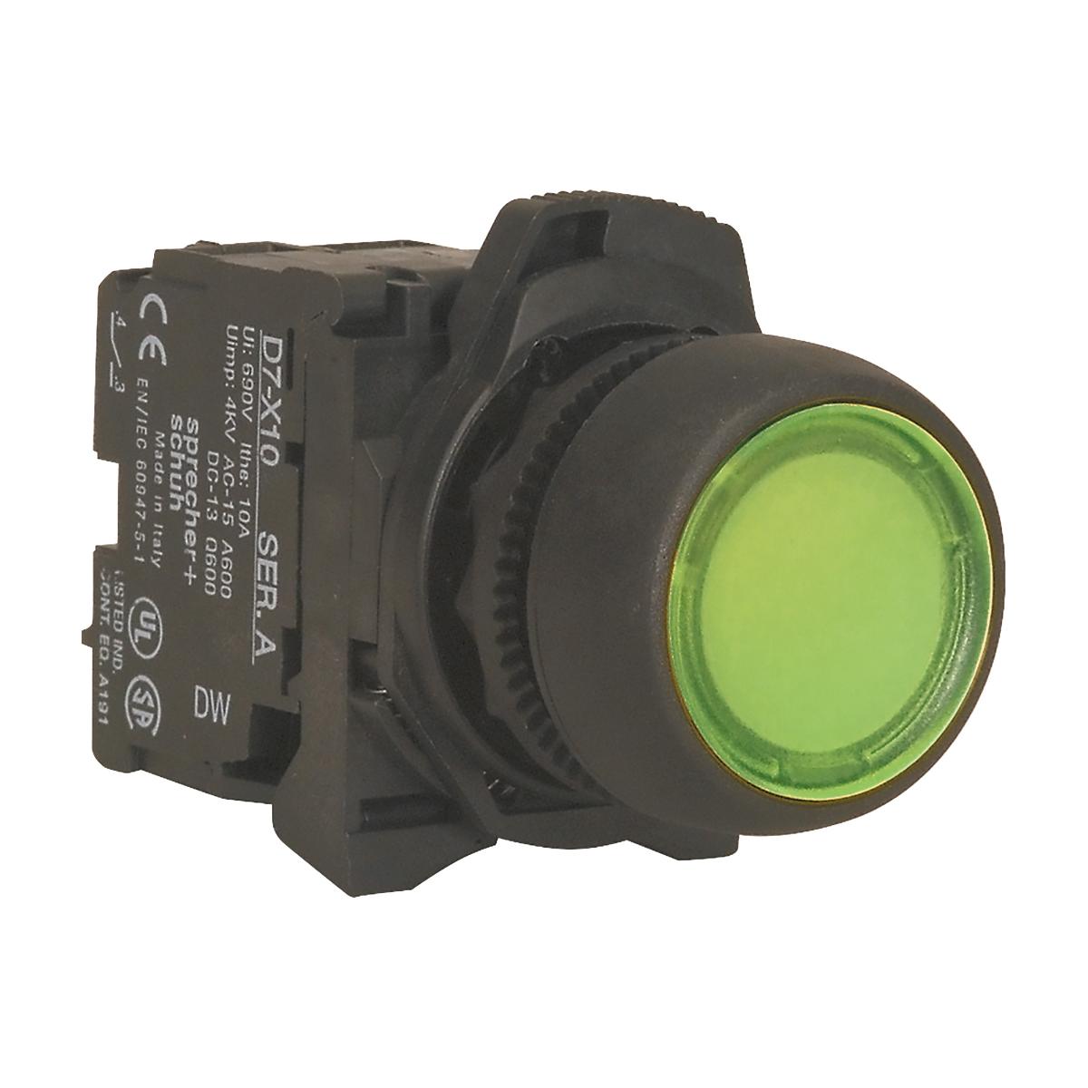ILLUM P/BUTTON 22.5MM PLAS FLUSH GRN 1NO