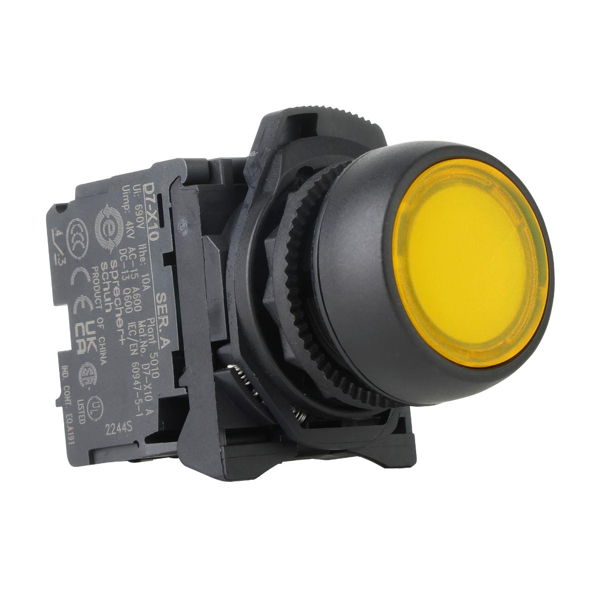 ILLUM P/BUTTON 22.5MM PLAS FLUSH YELLOW