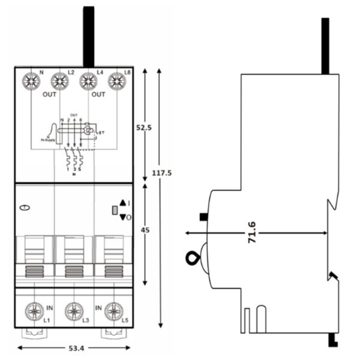 RCBO DINSAFE 3P+N 50A 10kA 30mA 3 MODULE