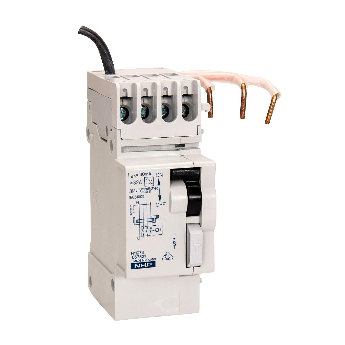 RCD ADD ON BLOCK 3P+N 32A 30MA 2 MODULE