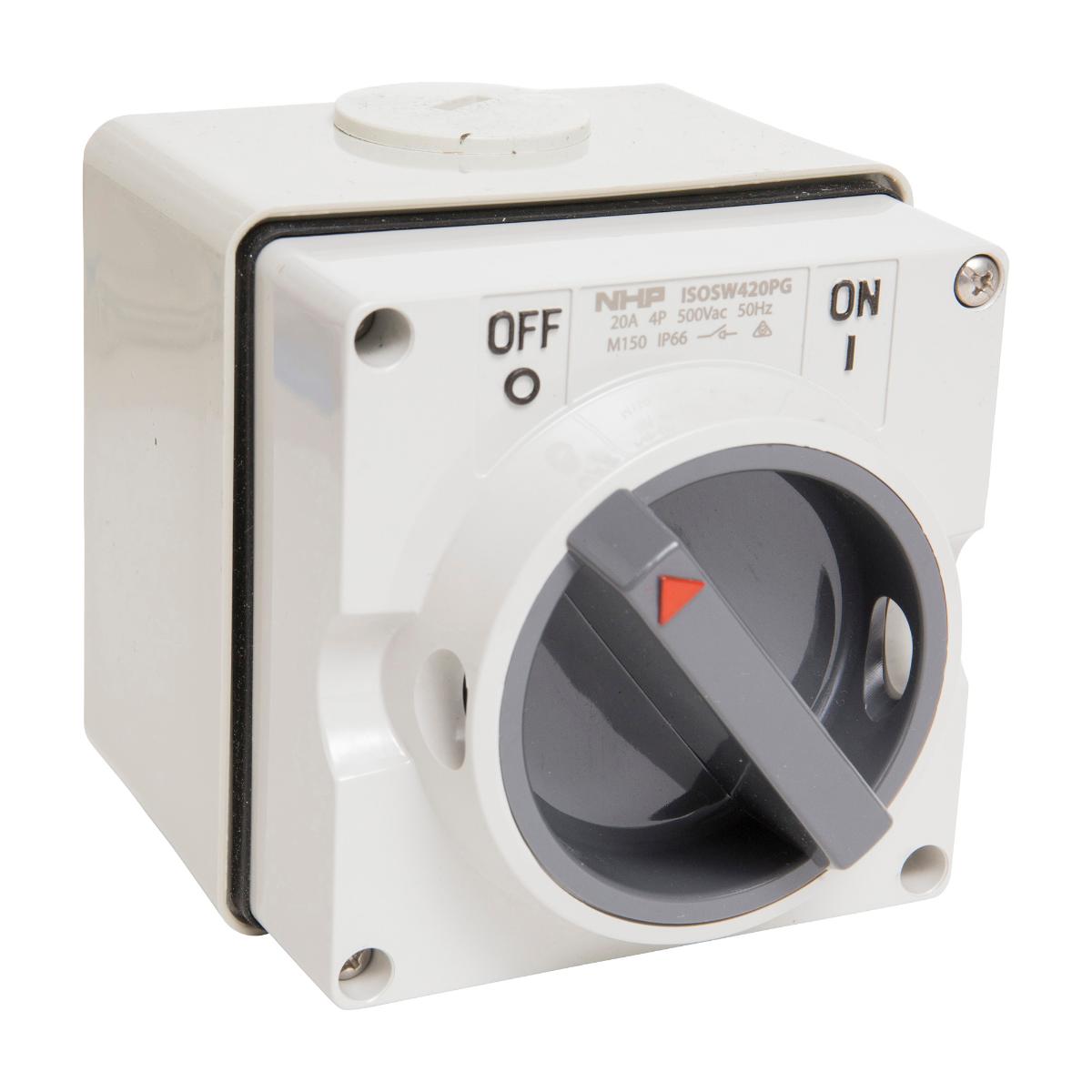 ISO SWITCH 3PH 4 POLE 20A 63MM BASE GREY