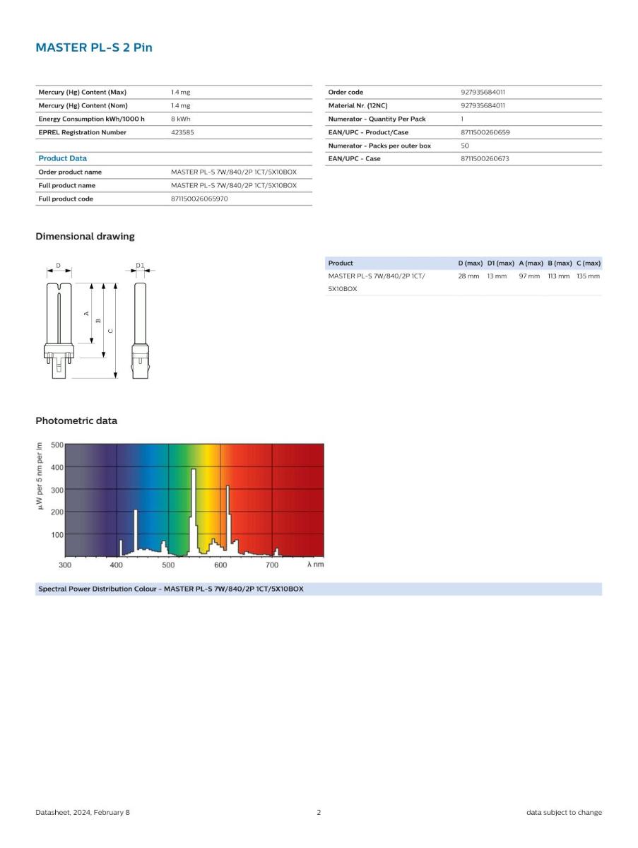 FLUORO PL-S 7W/840 2PIN G23