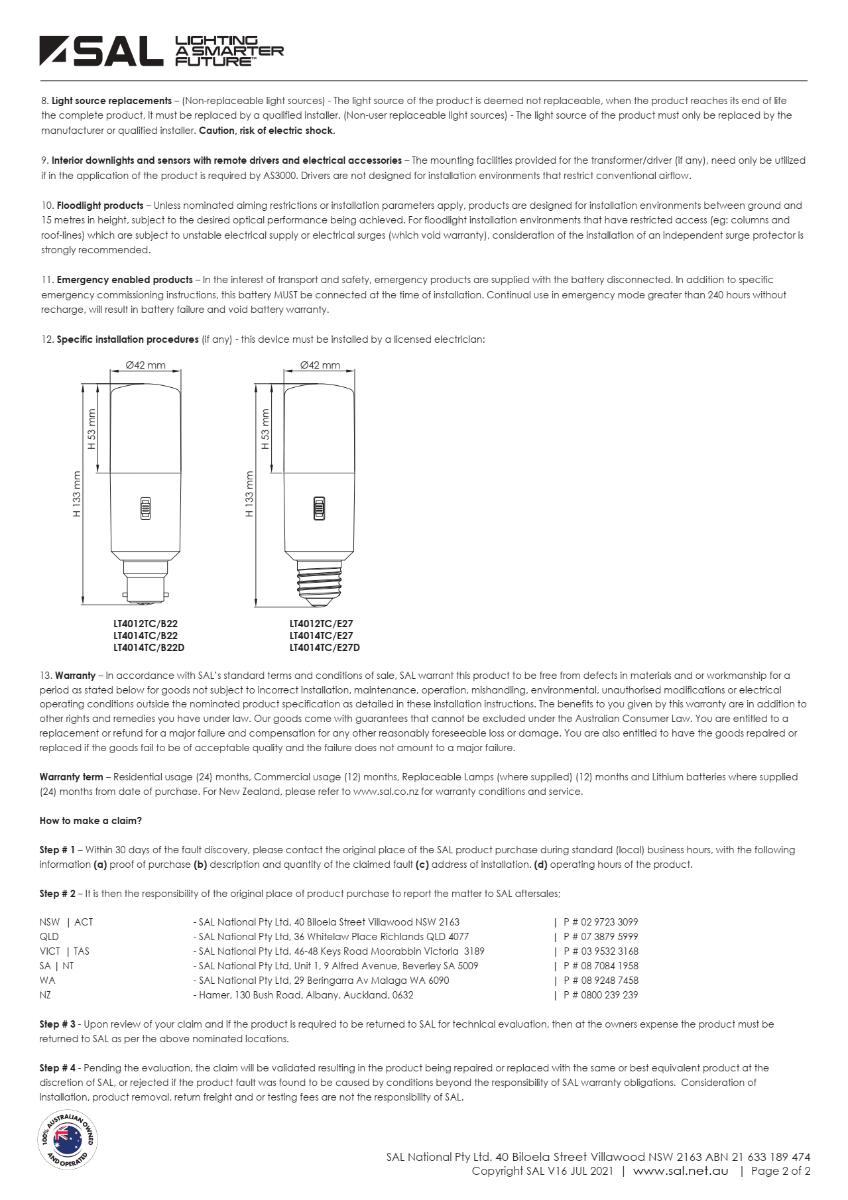 LED TUBULAR LAMP 240V 14W BC CCT NO DIM