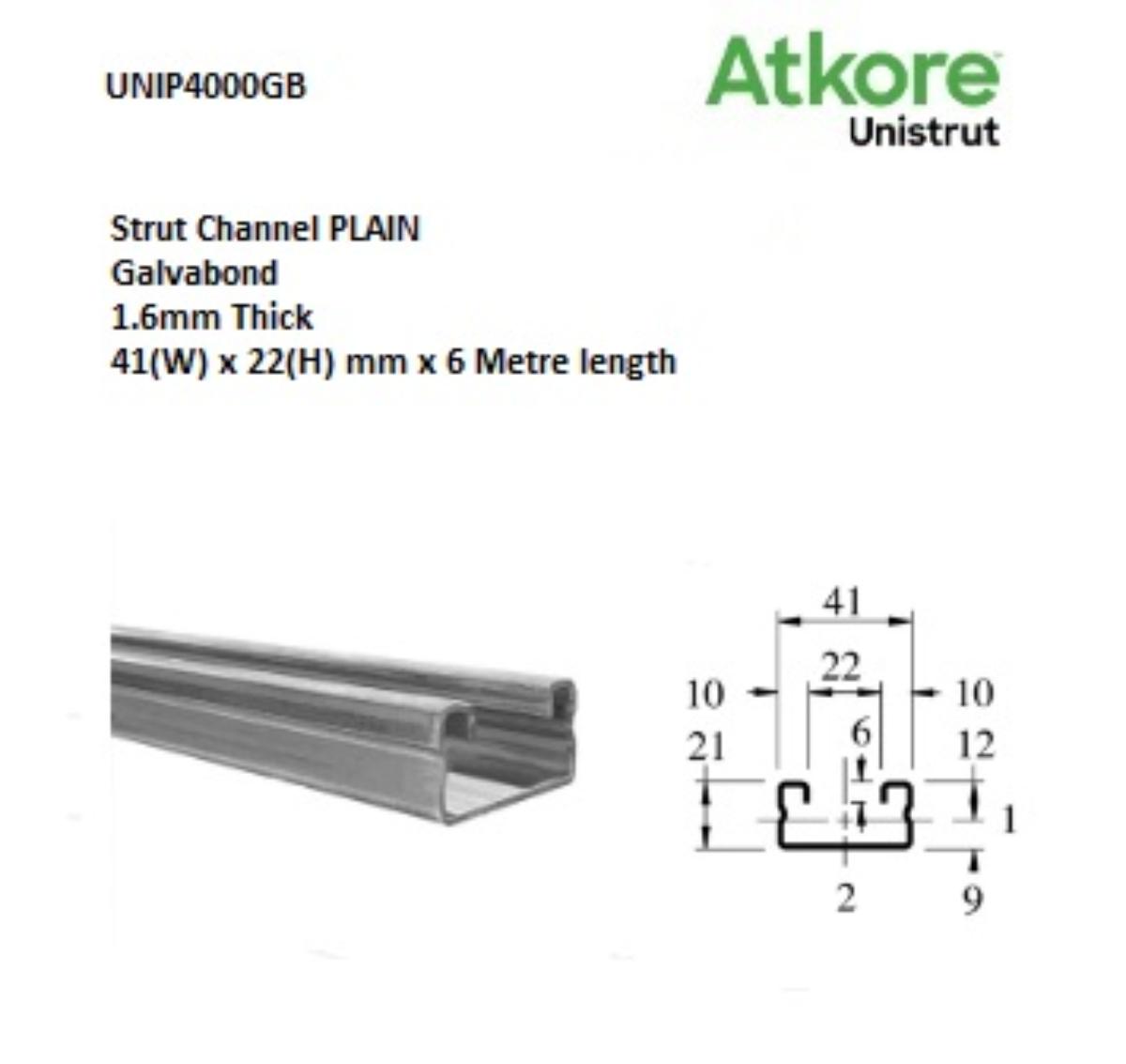 STRUT PLAIN 41 x 22mm L/DUTY G/BOND 6M