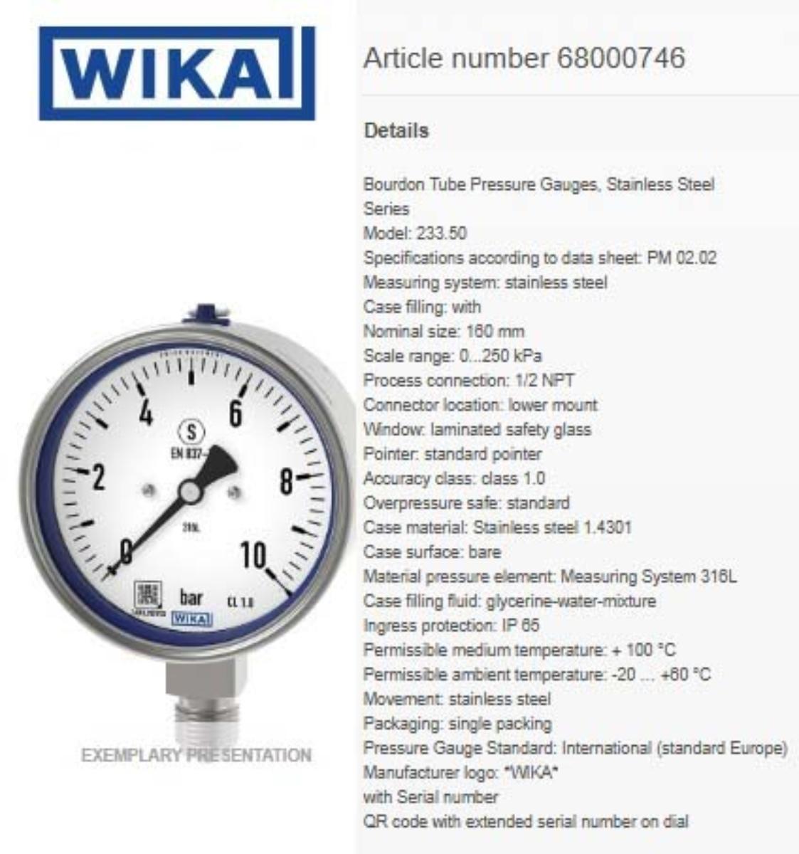 GAUGE PRESS WIKA 233.501600TO250KPA+